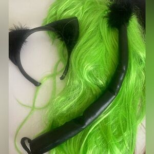 Halloween Costume Black Cat Ears Headband Tail & Green Wig Kids Costumes Theater